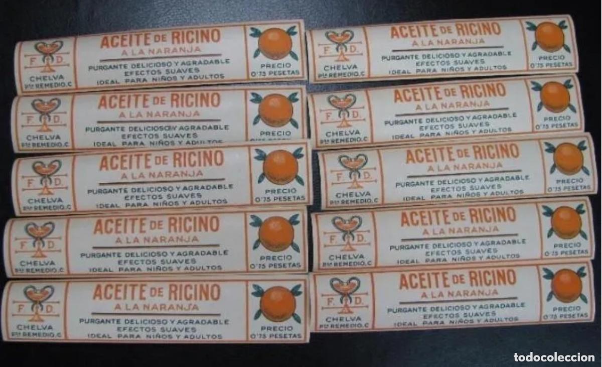 Etiquetas antiguas: 10 ETIQUETAS PARA BOTELLA ACEITE DE RICINO A LA NARANJA. FARMACIA F.DOMINGO , CHELVA