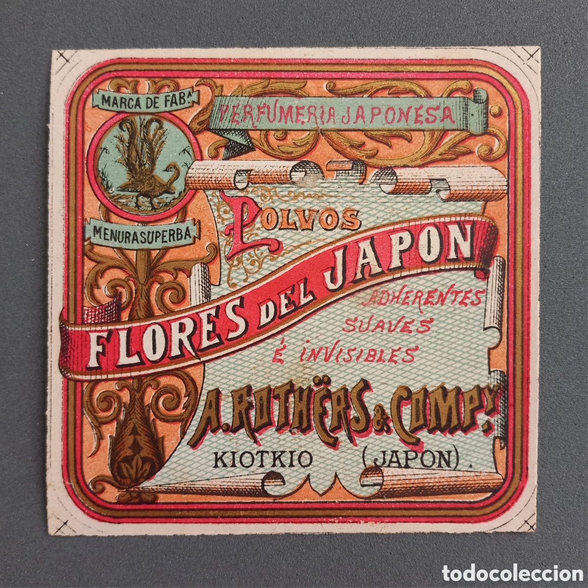 Old Labels: Antigua etiqueta perfumer&iacute;a japonesa, polvos FLORES DEL JAP&Oacute;N, Kiotkio A. Roth&euml;rs & Comp, a&ntilde;os 20-30