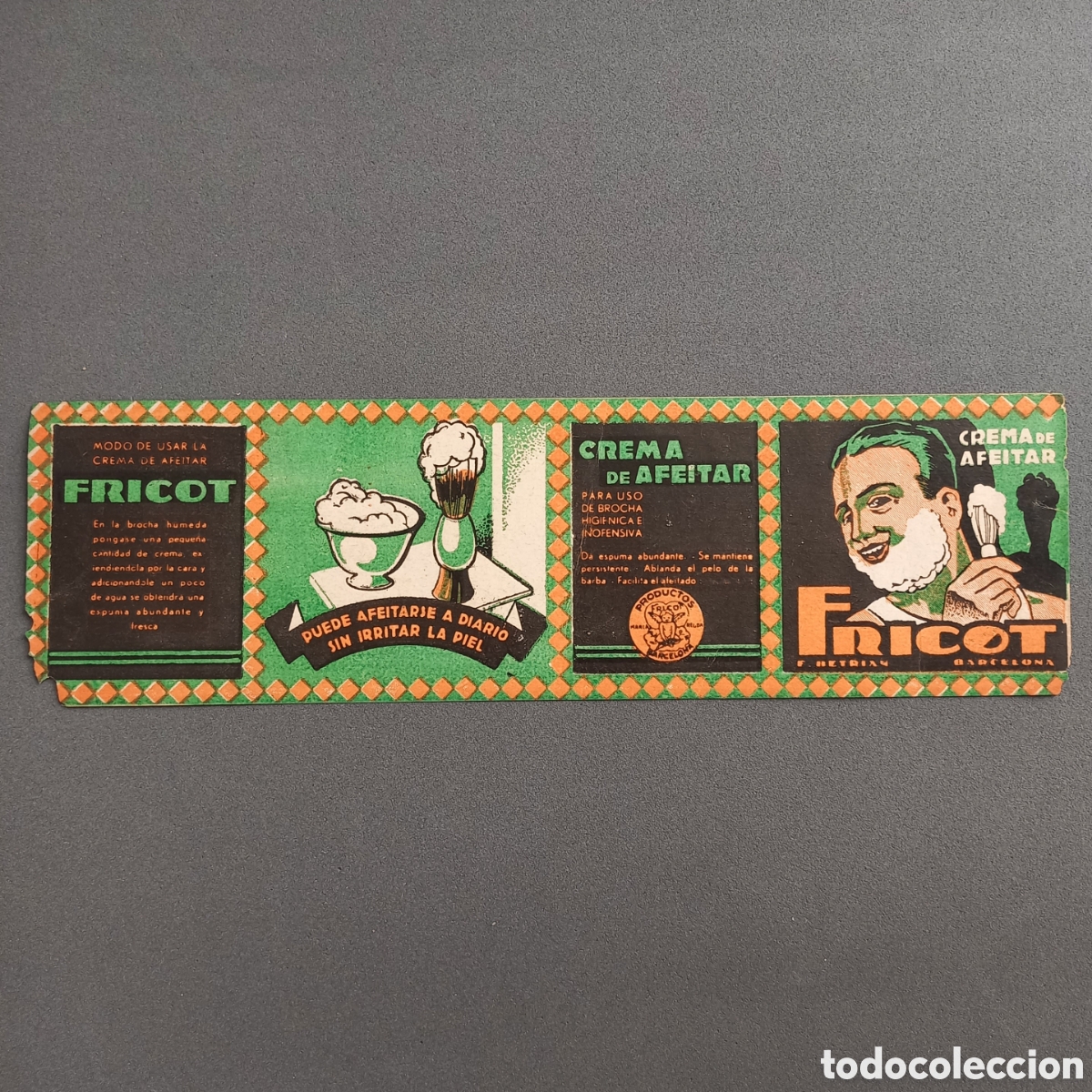 Old Labels: Antigua etiqueta de CREMA DE AFEITAR FRICOT, Productos Fricot, Barcelona, Franco Betrian, a&ntilde;os 30-40