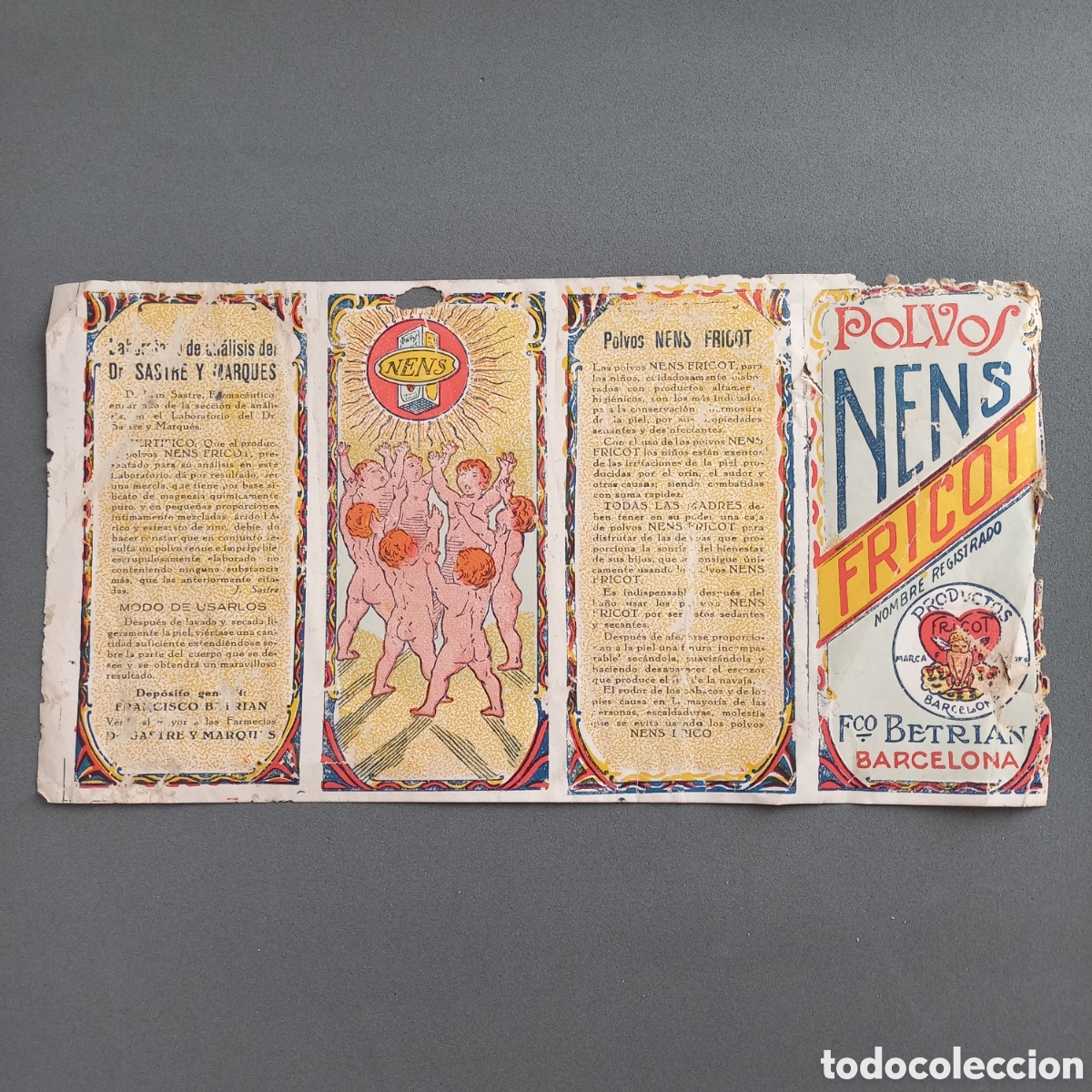 Old Labels: Antigua etiqueta de POLVOS NENS FRICOT, Productos Fricot, Barcelona, Franco Betrian, a&ntilde;os 30-40