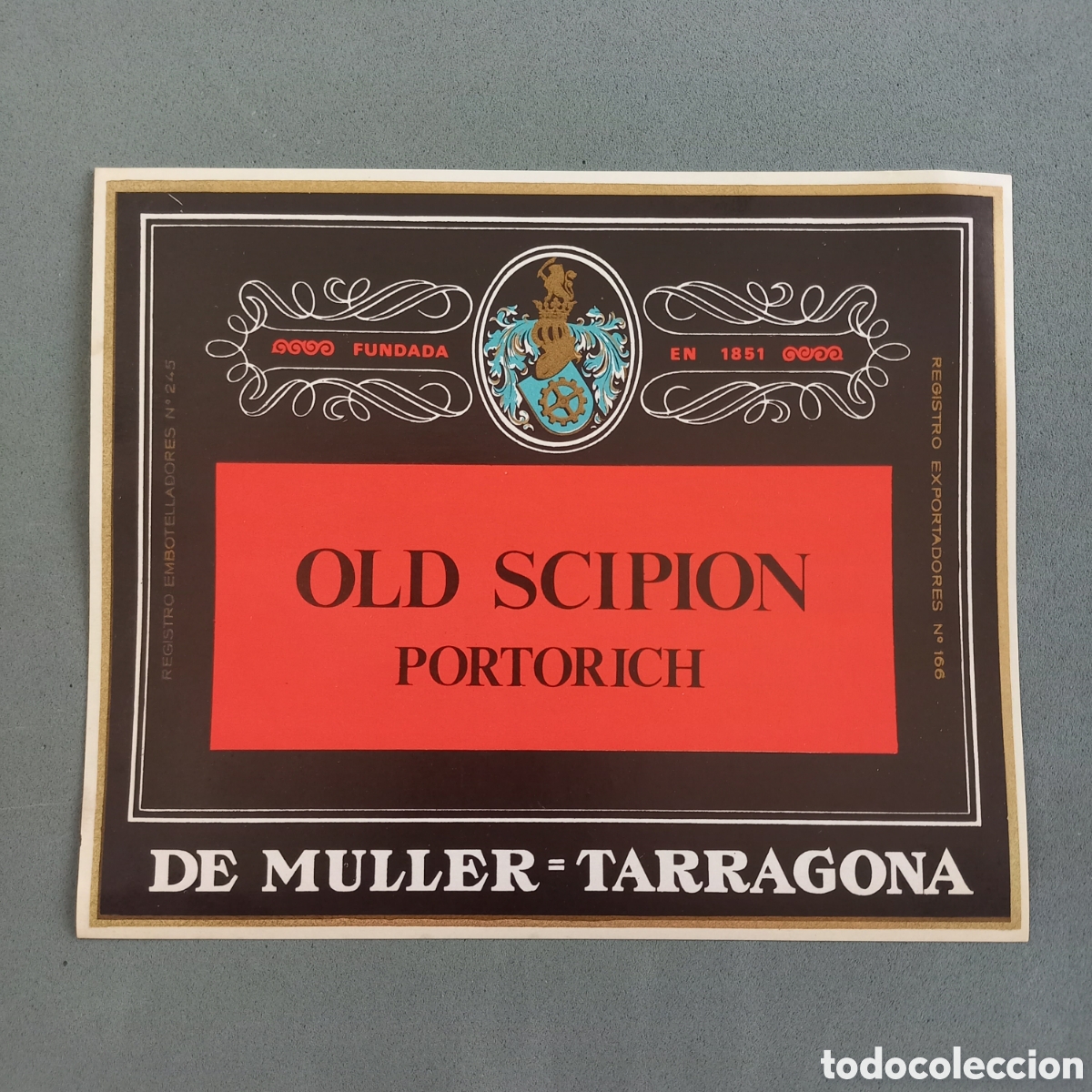 Etiquetas antiguas: Antigua etiqueta de vino OLD SCIPION Portorich (De M&uuml;ller Tarragona). A&ntilde;os 60-70