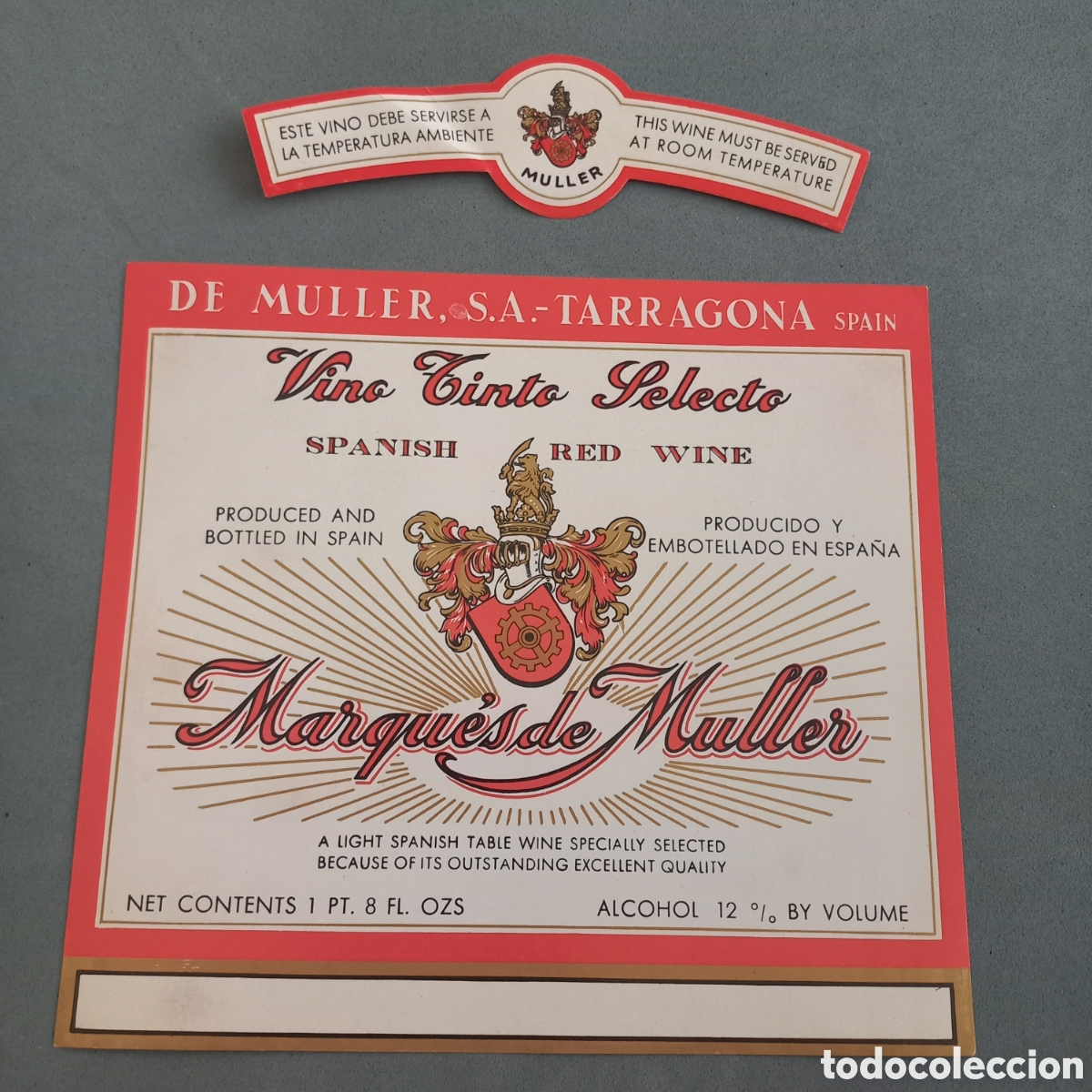 Etiquetas antiguas: Antigua etiqueta de vino tinto selecto Marqu&eacute;s de Mulller (De M&uuml;ller Tarragona). A&ntilde;os 60-70