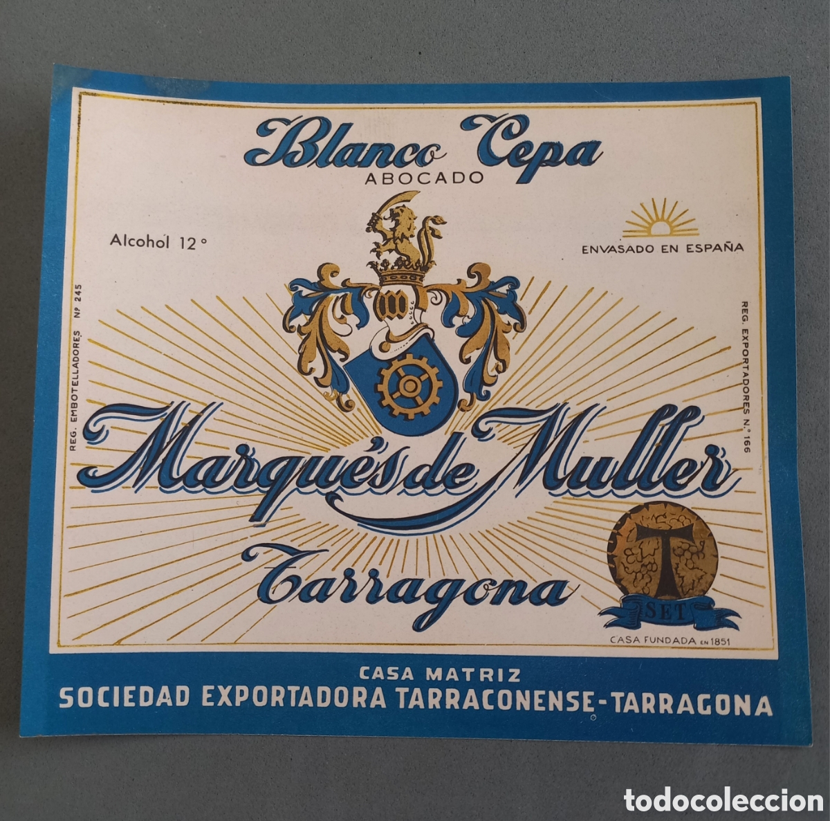 Etiquetas antiguas: Antigua etiqueta de vino blanco cepa Marqu&eacute;s de Mulller (De M&uuml;ller Tarragona). A&ntilde;os 60-70
