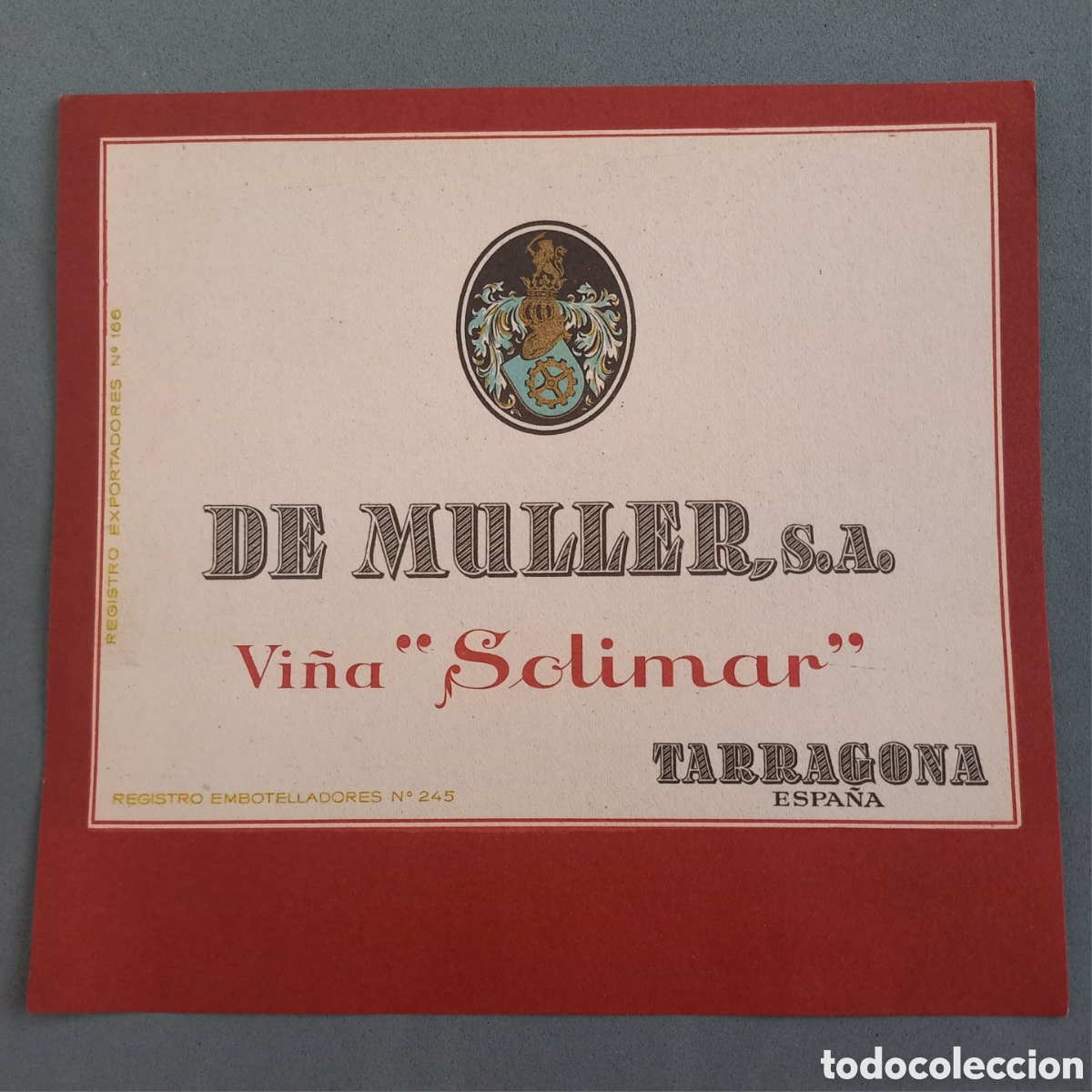 Etiquetas antiguas: Antigua etiqueta de vino Vi&ntilde;a Solimar (De M&uuml;ller Tarragona). A&ntilde;os 60-70