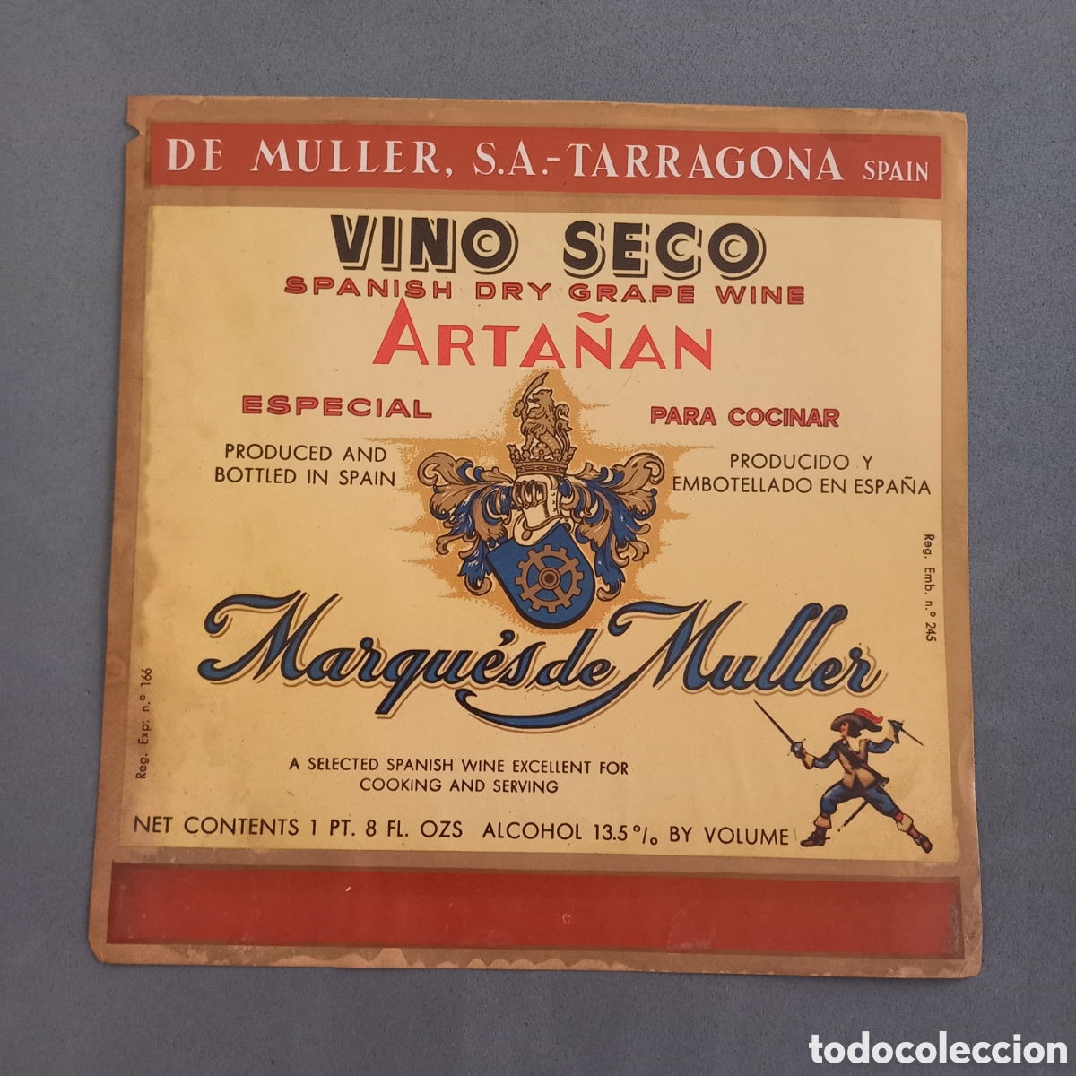 Alte Etiketten: Antigua etiqueta de vino seco ARTA&Ntilde;AN Marqu&eacute;s de Muller (De M&uuml;ller Tarragona). A&ntilde;os 60-70