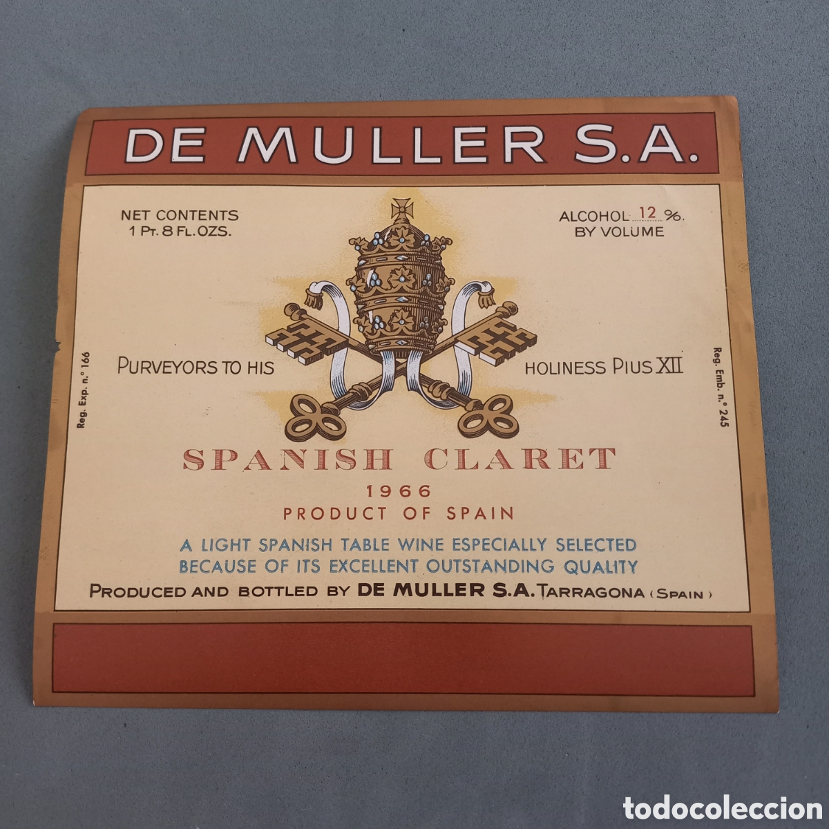 Alte Etiketten: Antigua etiqueta de vino de Misa De M&uuml;ller Tarragona (proveedor de P&iacute;o XII). A&ntilde;os 50-60