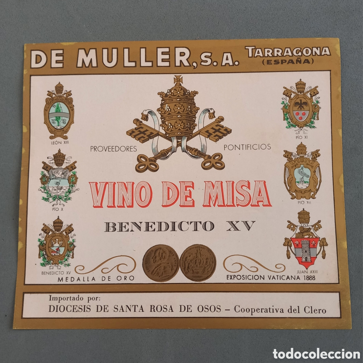 Alte Etiketten: Antigua etiqueta de vino de Misa De M&uuml;ller Tarragona (Di&oacute;cesis de Santa Rosa de Osos). A&ntilde;os 60