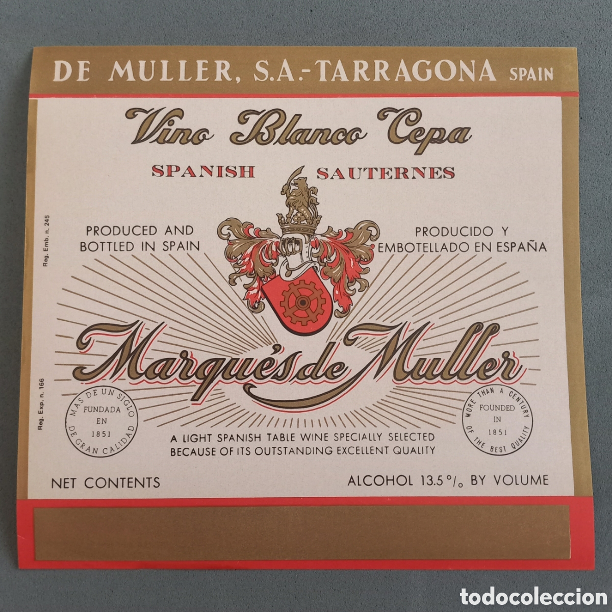 Alte Etiketten: Antigua etiqueta de vino blanco cepa Marqu&eacute;s de Muller de Bodegas De Muller, Tarragona A&ntilde;os 60 - 70