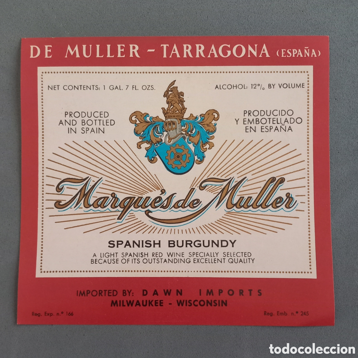 Alte Etiketten: Antigua etiqueta de vino Burgundy Marqu&eacute;s de Muller de Bodegas De Muller, Tarragona A&ntilde;os 60 - 70