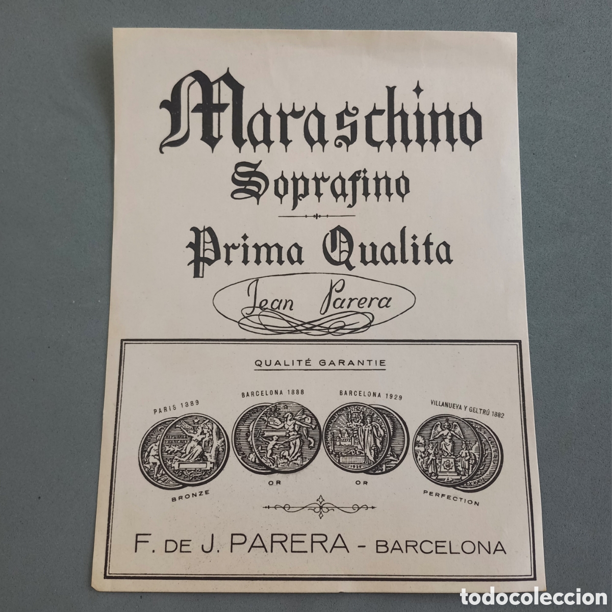 Etichette antiche: Antigua etiqueta de Marraschino Soprafino de Destiler&iacute;as Hija de Juan Parera Barcelona. A&ntilde;os 50 - 60