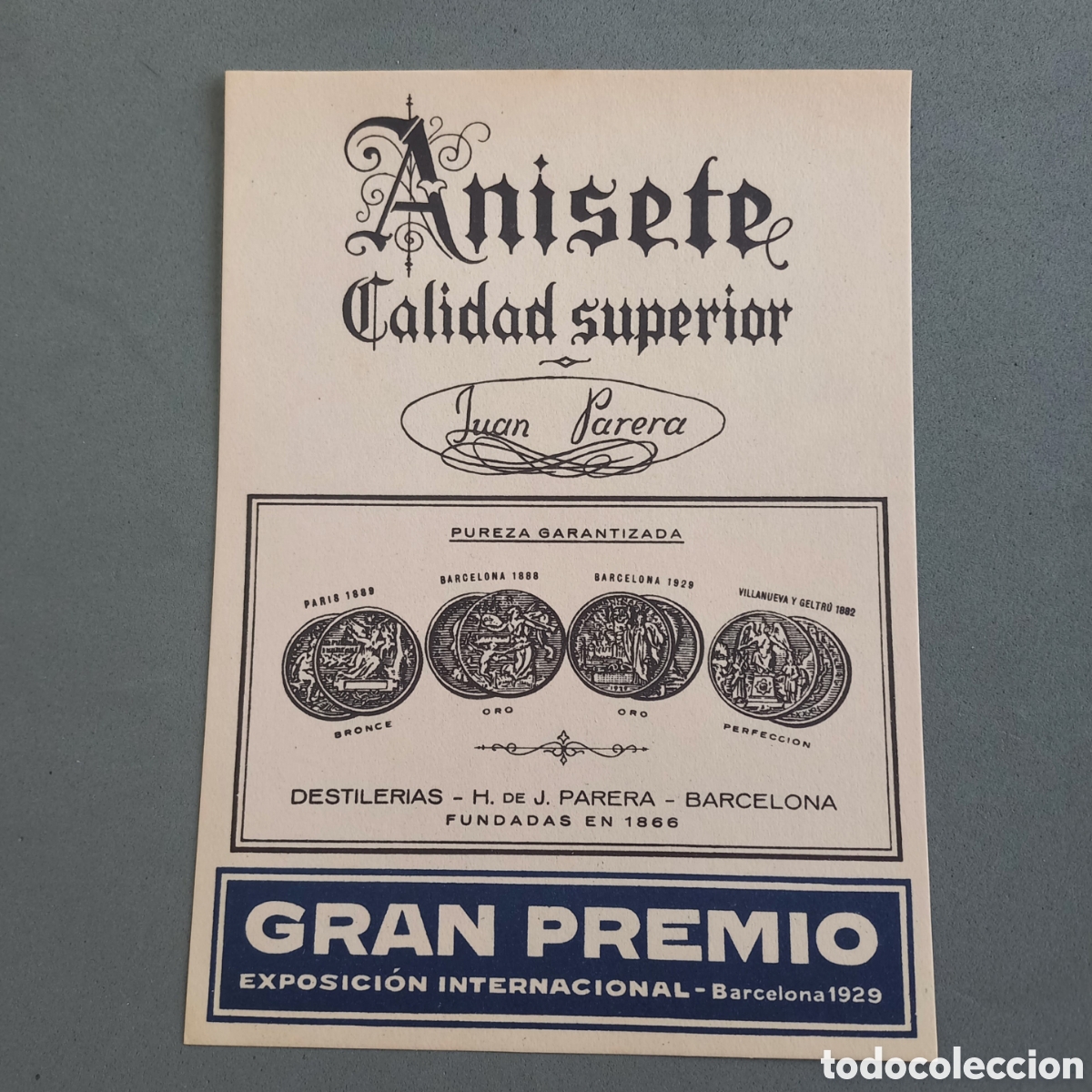 Etiquetas antigas: Antigua etiqueta de Anisete Gran Premio de Destiler&iacute;as Hija de Juan Parera Barcelona. A&ntilde;os 50 - 60