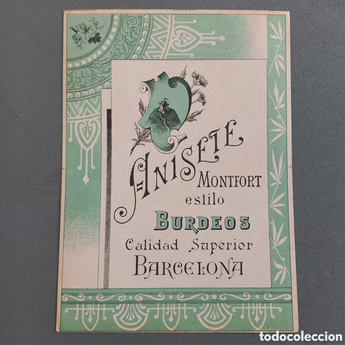 Etiquetas antiguas: Antigua etiqueta de ANISETE estilo Burdeos de destiler&iacute;as Carlos Montfort, Barcelona, a&ntilde;os 50 - 60