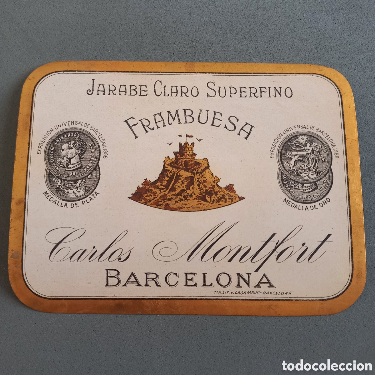 Etiquetas antiguas: Antigua etiqueta de Jarabe Claro Frambuesa de destiler&iacute;as Carlos Montfort, Barcelona, a&ntilde;os 50 - 60