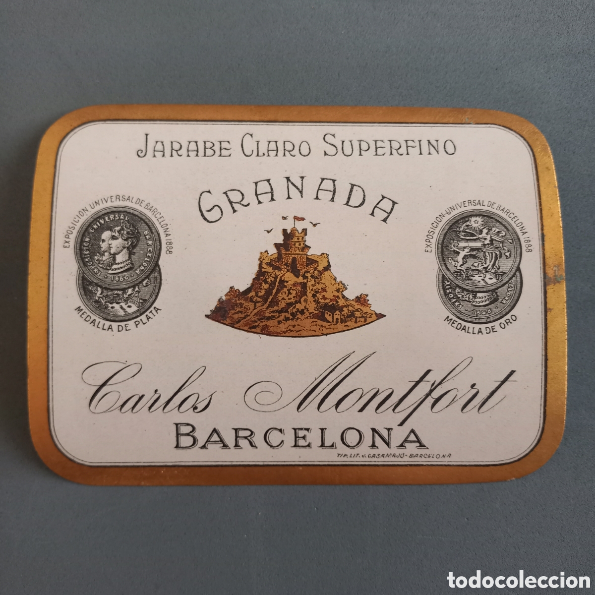 Etiquetas antiguas: Antigua etiqueta de Jarabe Claro Granada de destiler&iacute;as Carlos Montfort, Barcelona, a&ntilde;os 50 - 60