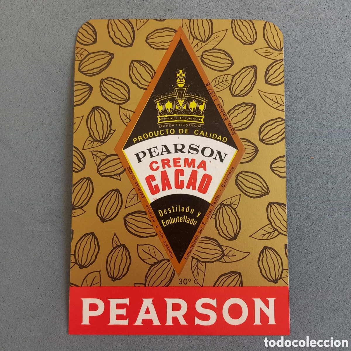 Etiquetas antiguas: Antigua etiqueta de Crema Cacao PEARSON Destiler&iacute;as E. Juan Pastor, Barcelona. A&ntilde;os 50 - 60