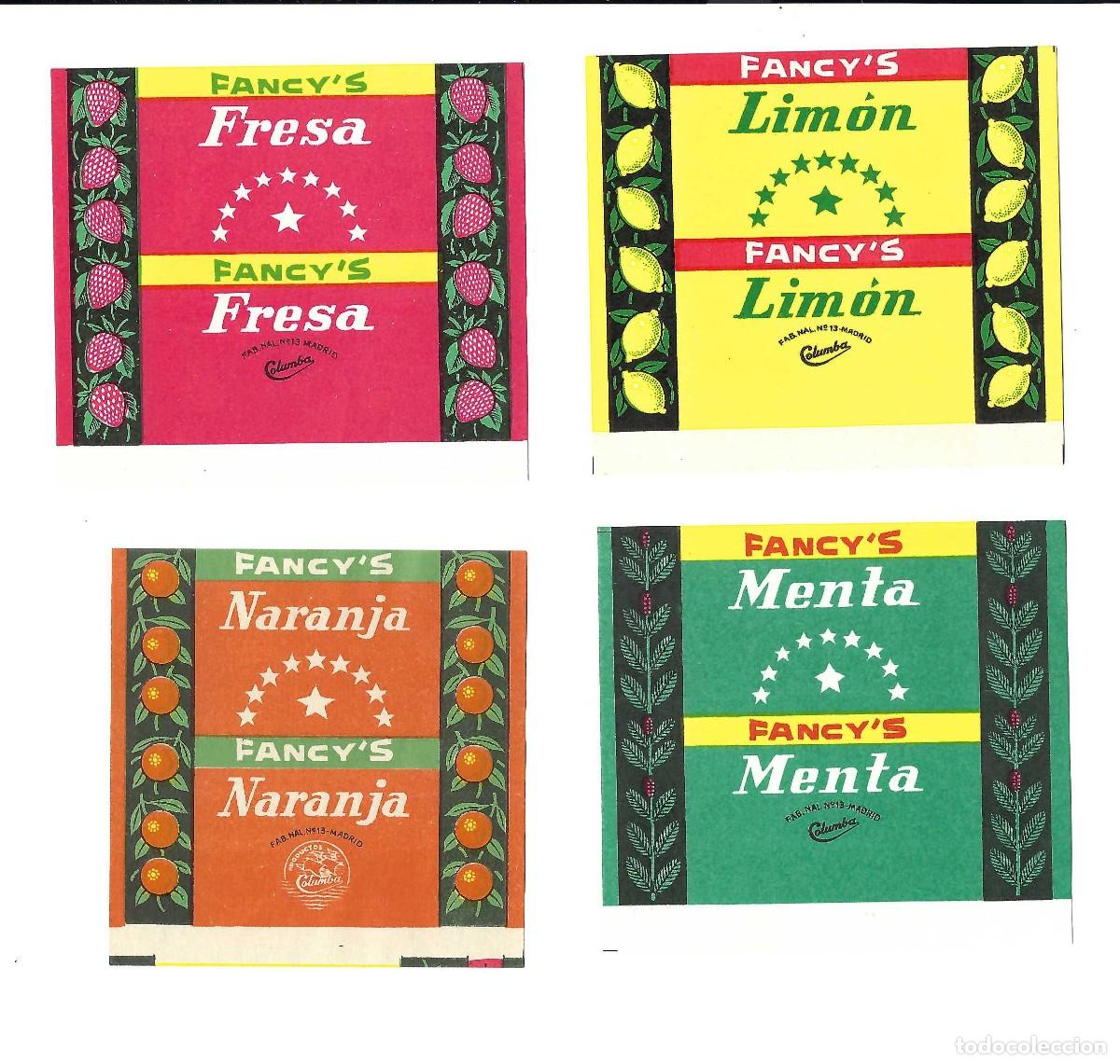 Etiquetas antiguas: LOTE DE 4 ETIQUETAS DE CARAMELOS- FANCY'S. COLUMBA. MADRID. 1966