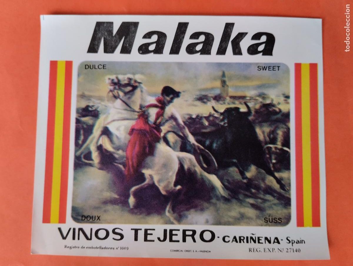 Etiquetas antiguas: ETIQUETA MALAKA DULCE SWEET VINOS TEJERO CARI&Ntilde;ENA ZARAGOZA