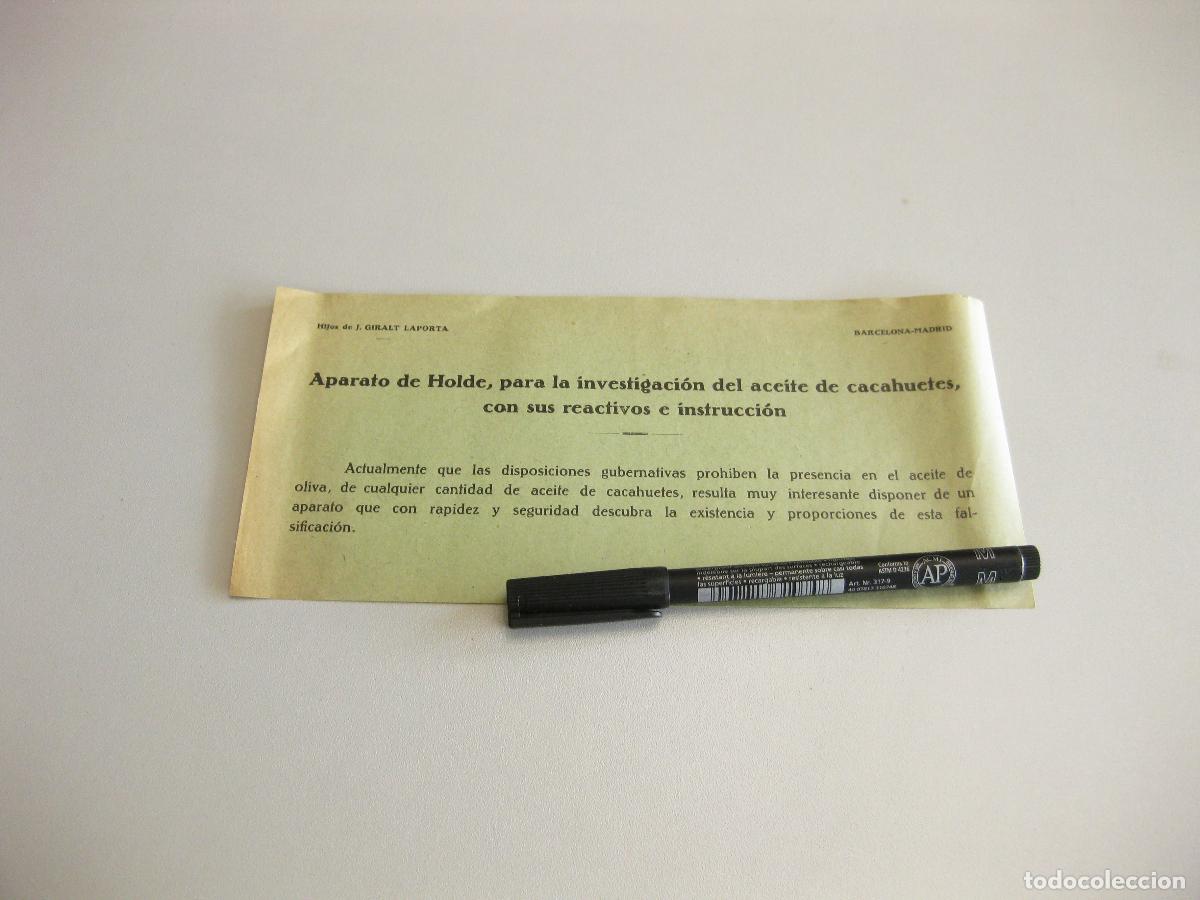 Etiquetas antiguas: HOJA PUBLICITARIA DEL APARATO DE HOLDE PARA LA INVESTIGACI&Oacute;N DEL ACEITE DE CACAHUETE.