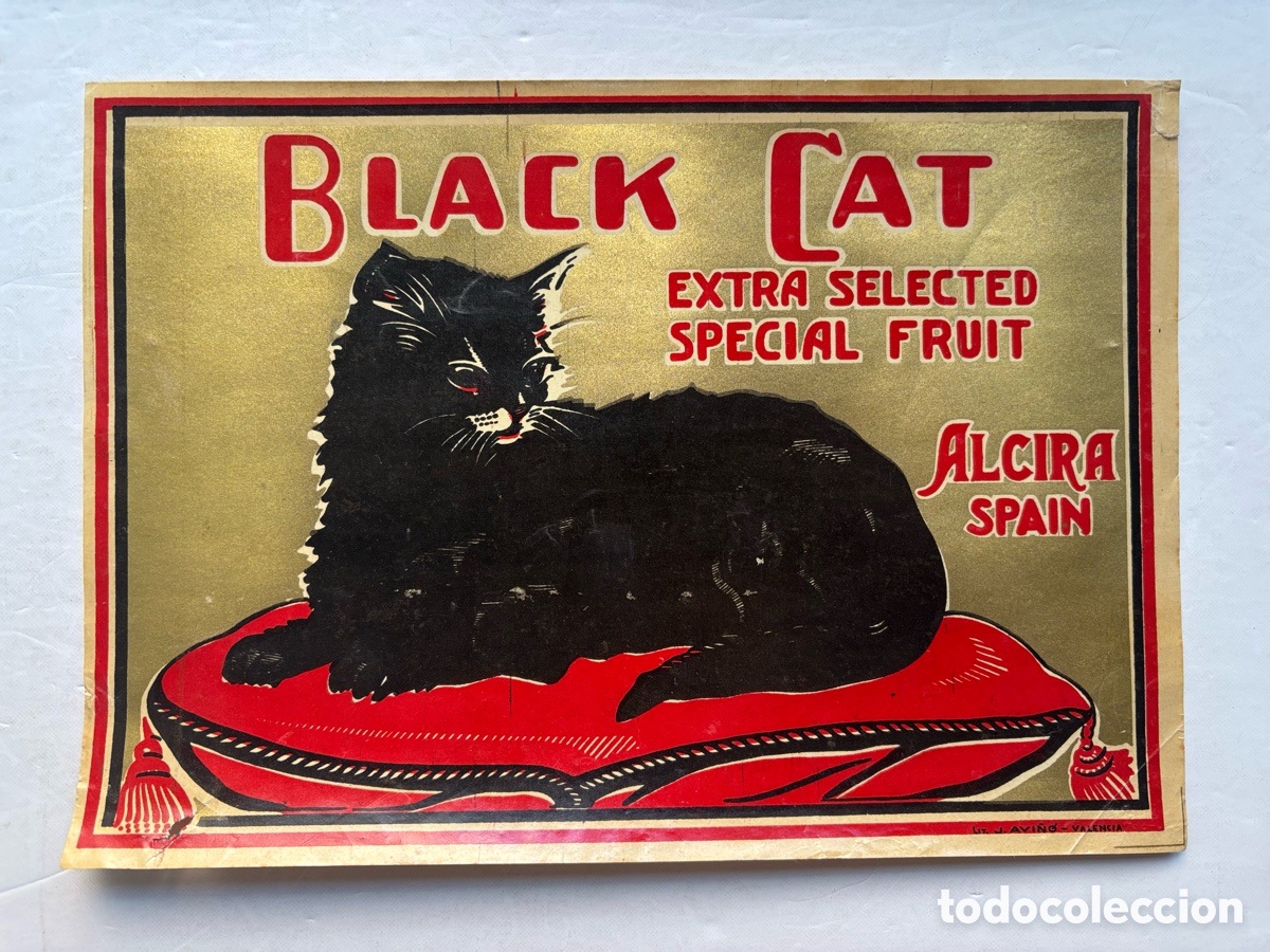 Etiquetas antiguas: BLACK CAT, GATO NEGRO Y COLOR DORADO, RARA Y ANTIGUA ETIQUETA NARANJAS - ALCIRA, VALENCIA