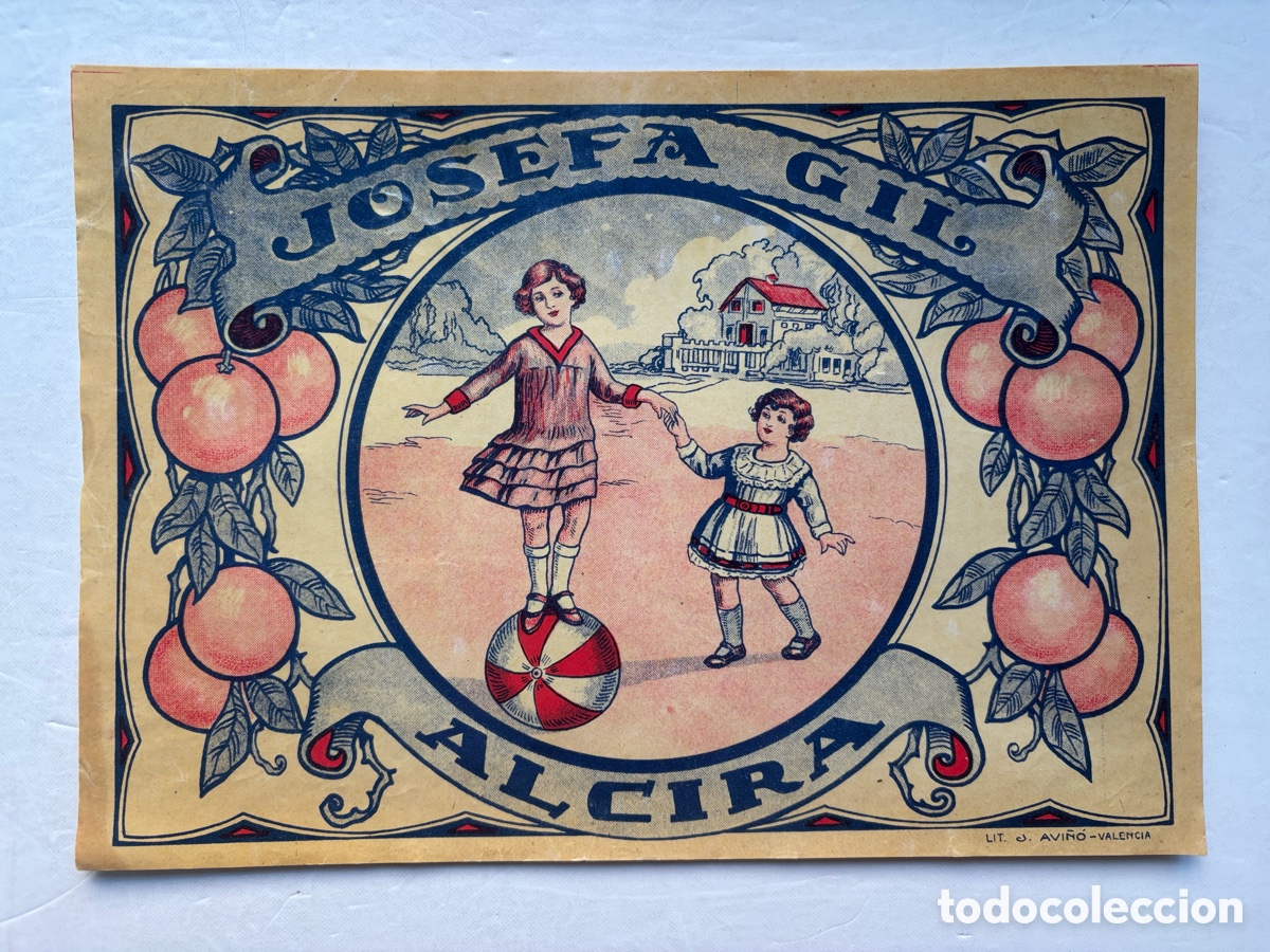 Etiquetas antiguas: JOSEFA GIL, NI&Ntilde;OS CON PELOTA, ANTIGUA ETIQUETA NARANJAS - ALCIRA, VALENCIA