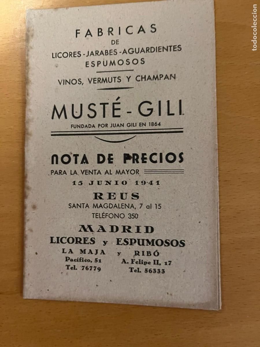 Etiquetas antiguas: lista de precios Must&eacute; Gili Reus Tarragona 1941