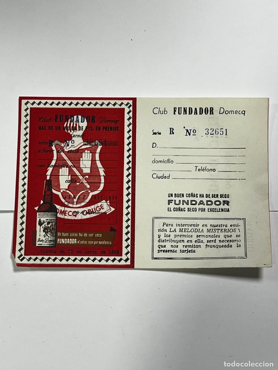 Etiquetas antiguas: CLUB FUNDADOR DOMECQ. CARNET PARA PARTICIPAR EN EL SORTEO. 1953.