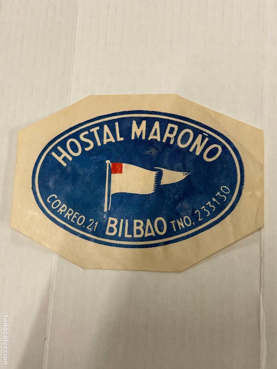 Etiquetas antiguas: HOSTAL MARI&Ntilde;O. BILBAO. 10x7cms. Antigua etiqueta de Hotel o de maleta. Impecablle