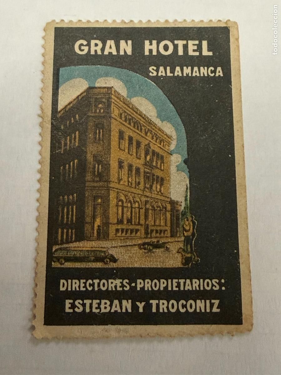 Etiquetas antiguas: SALAMANCA. ESTEBAN Y TROCONIZ. 4x6cms. Antigua etiqueta de Hotel o de maleta. Impecablle