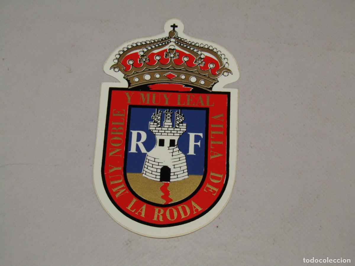 Etiquetas antiguas: Antiguo Escudo Adhesivo de la Villa de LA RODA en Albacete