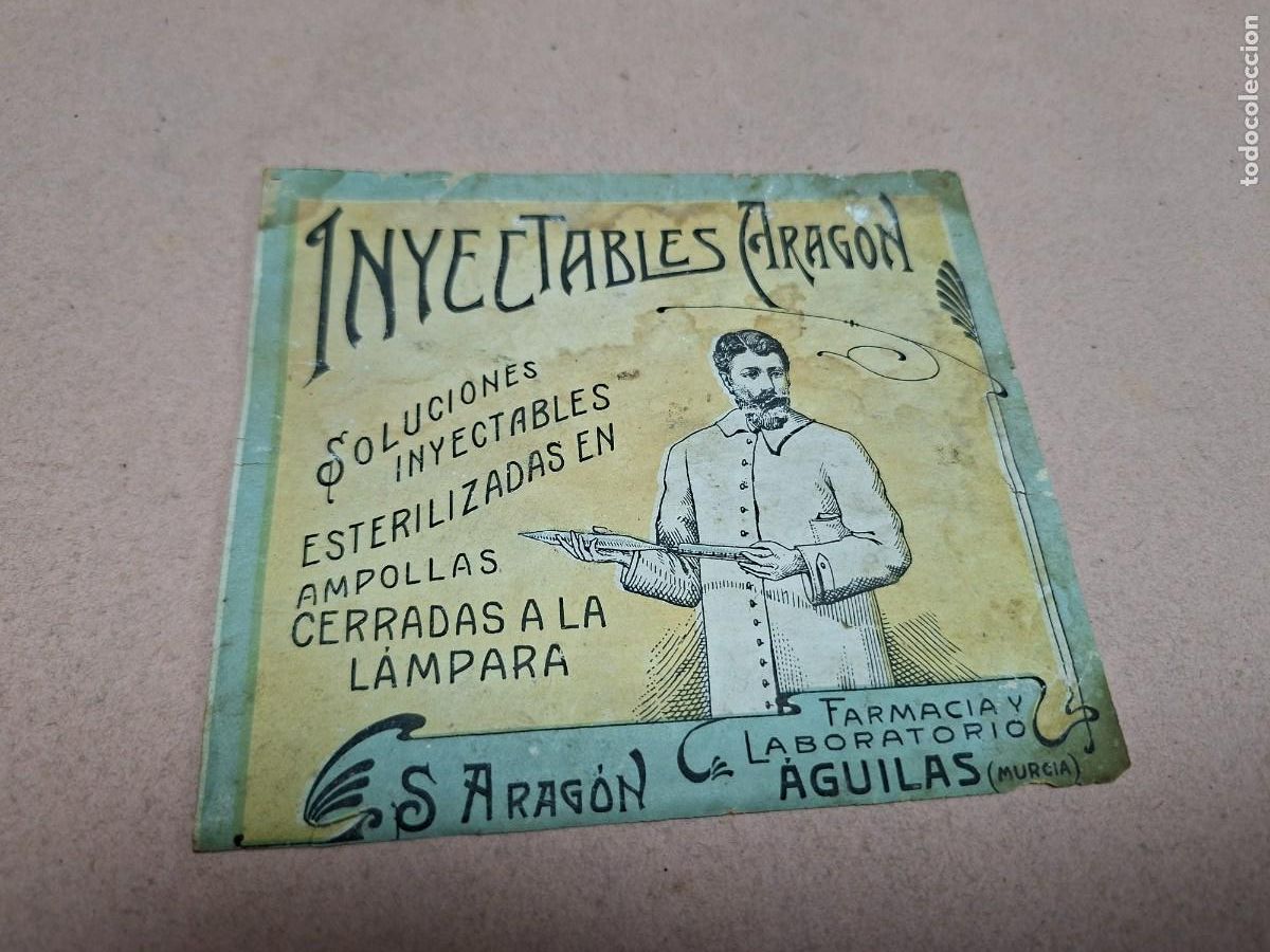 Etichette antiche: ANTIGUA ETIQUETA FARMACEUTICA FARMACIA Y LABORATORIO ARAGON AGUILAS MURCIA