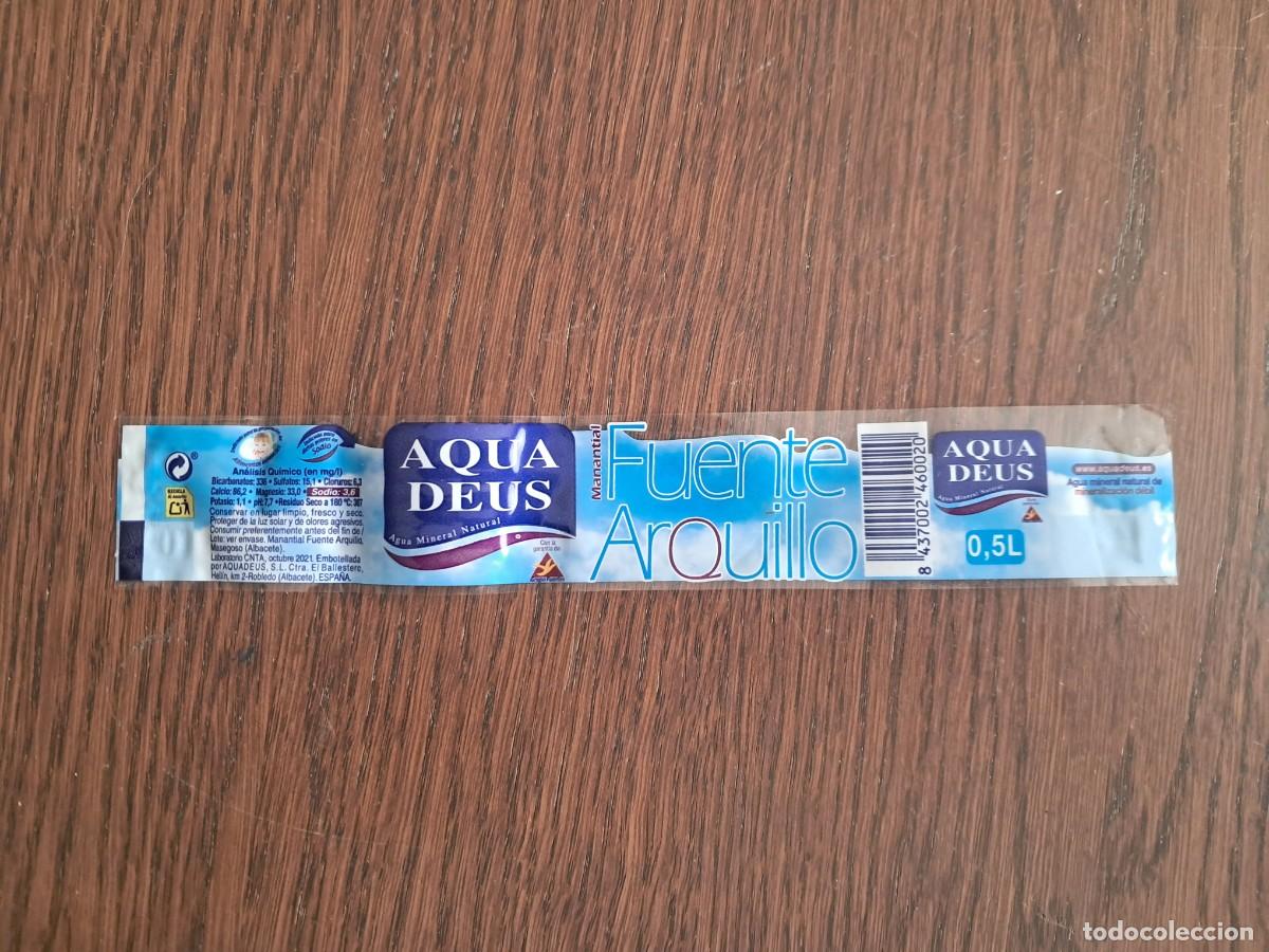 Etiquetas antiguas: etiqueta de botella de agua, aqua deus, fuente arquillo, 035 litros.