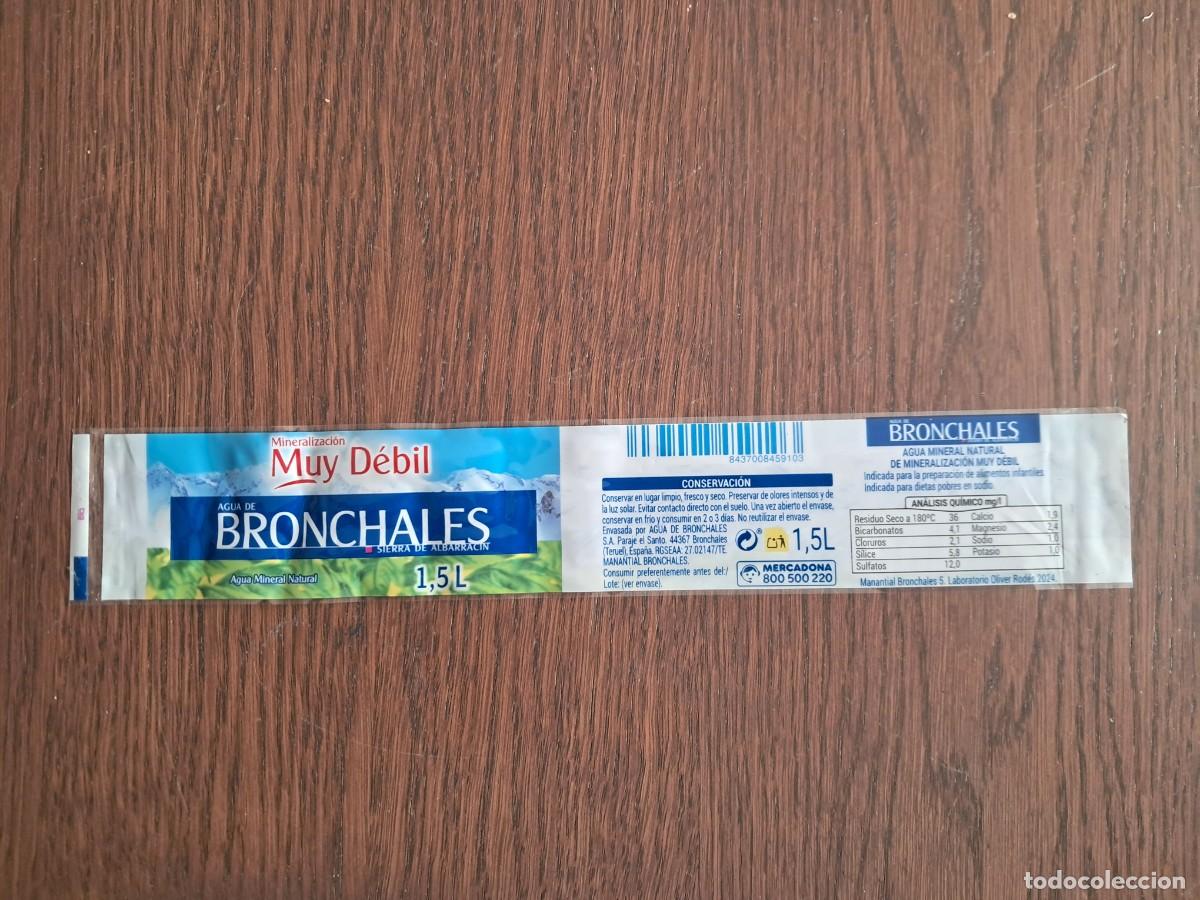 Etiquetas antiguas: etiqueta de botella de agua, agua de Bronchales, Sierra de Albarrac&iacute;n, Teruel. 1.5 litros.