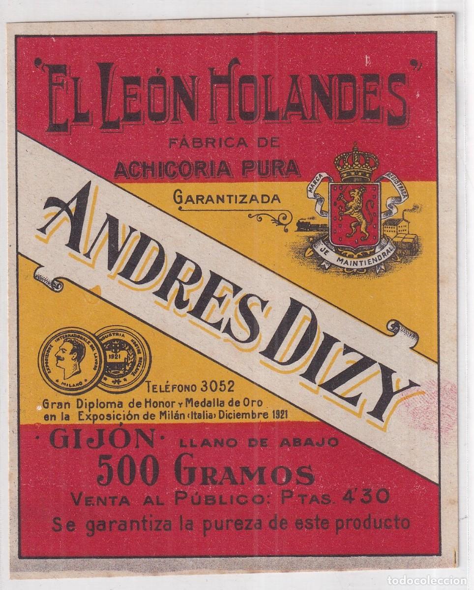 Etichette antiche: Etiqueta El Le&oacute;n holand&eacute;s. F&aacute;brica de Achicoria pura. Andr&eacute;s Dizy 11 x 9 cm
