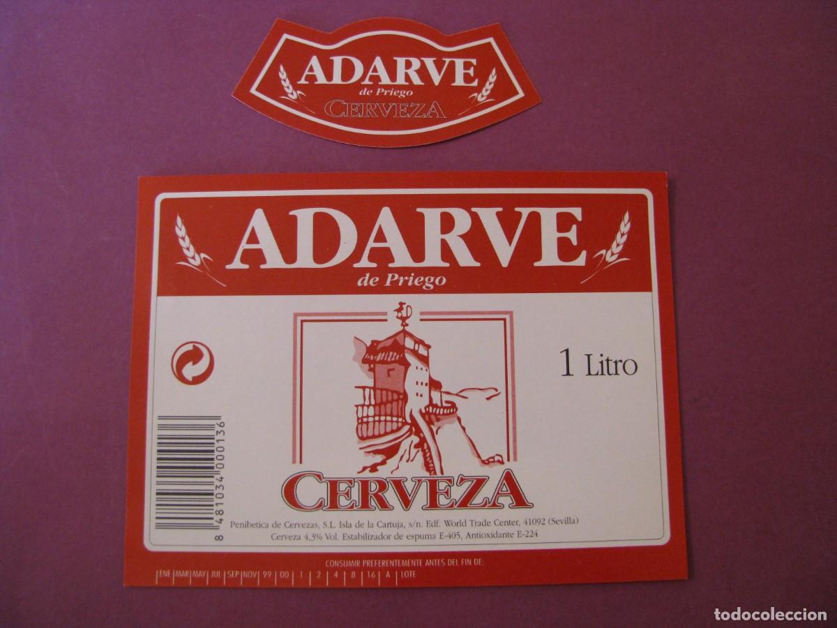Etiquetas antiguas: ETIQUETA Y COLLARIN DE CERVEZA ADARVE DE PRIEGO. 1 LITRO.