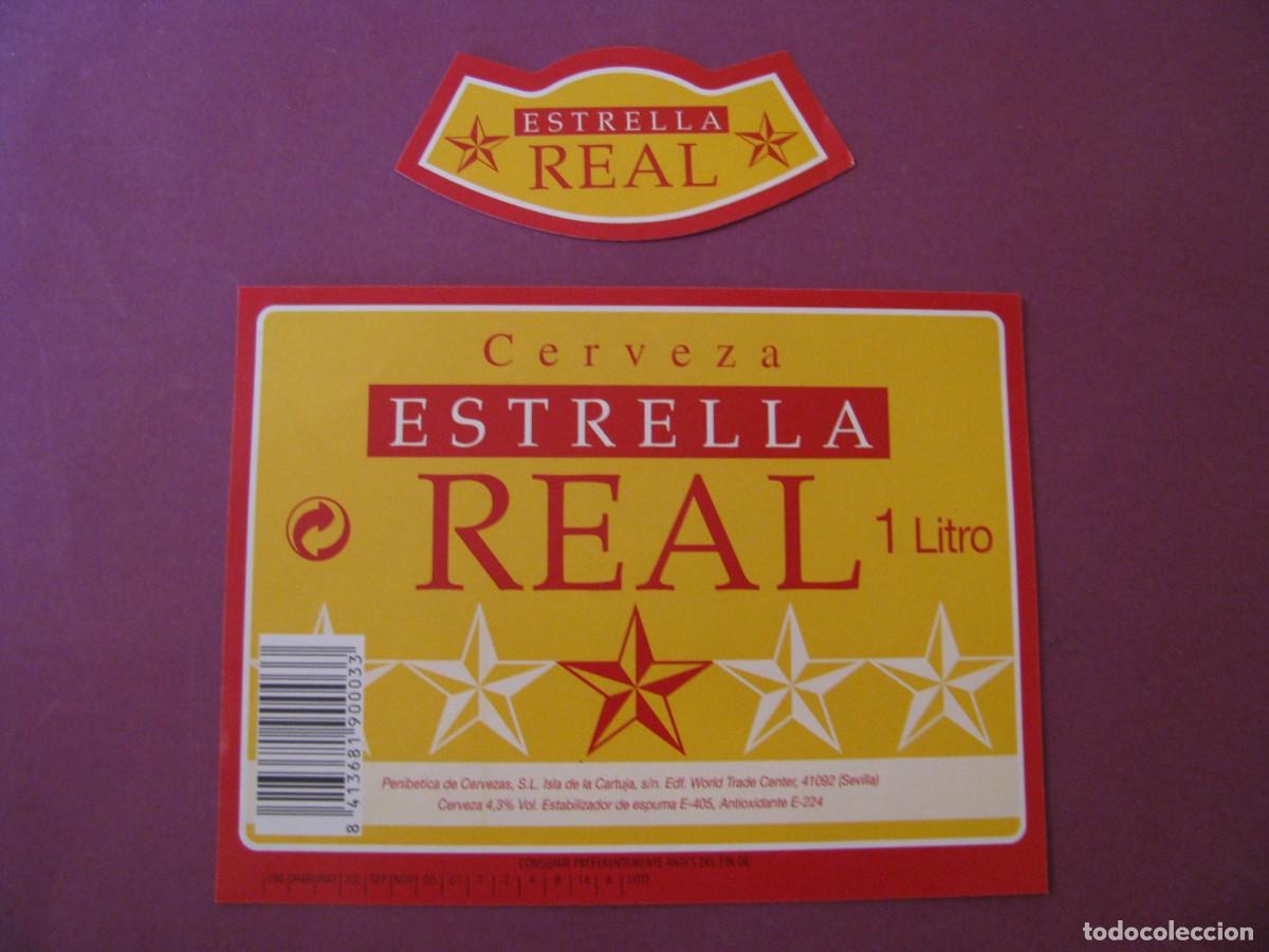 Etiquetas antiguas: ETIQUETA Y COLLARIN DE CERVEZA ESTRELLA REAL 1 LITRO. PENIBETICA DE CERVEZAS, SEVILLA