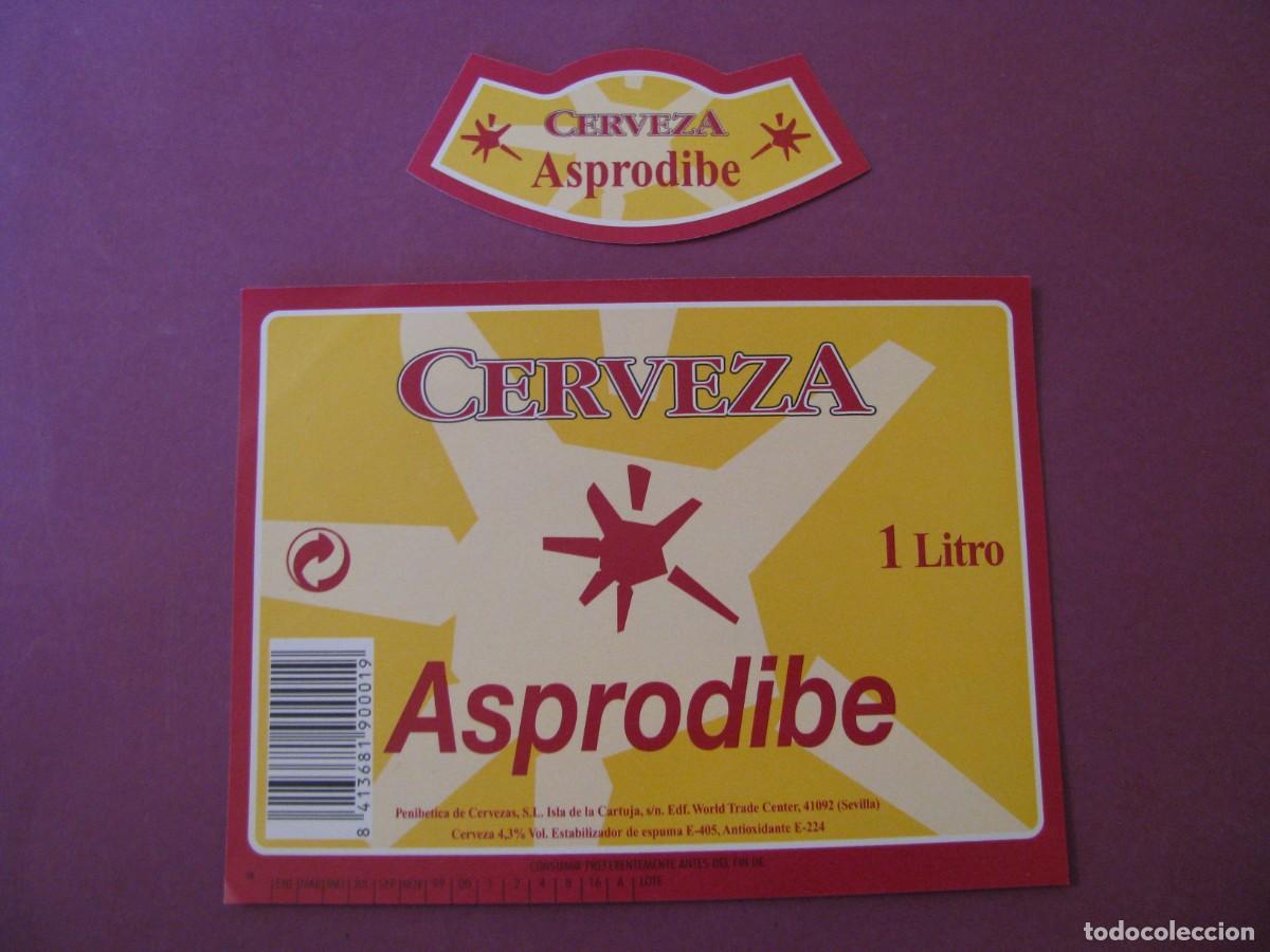 Etiquetas antiguas: ETIQUETA Y COLLARIN DE CERVEZA ASPRODIBE 1 LITRO. PENIBETICA DE CERVEZAS, SEVILLA