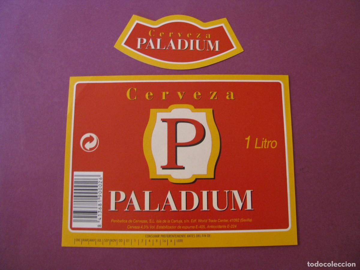 Etiquetas antiguas: ETIQUETA Y COLLARIN DE CERVEZA PALADIUM 1 LITRO. PENIBETICA DE CERVEZAS, SEVILLA