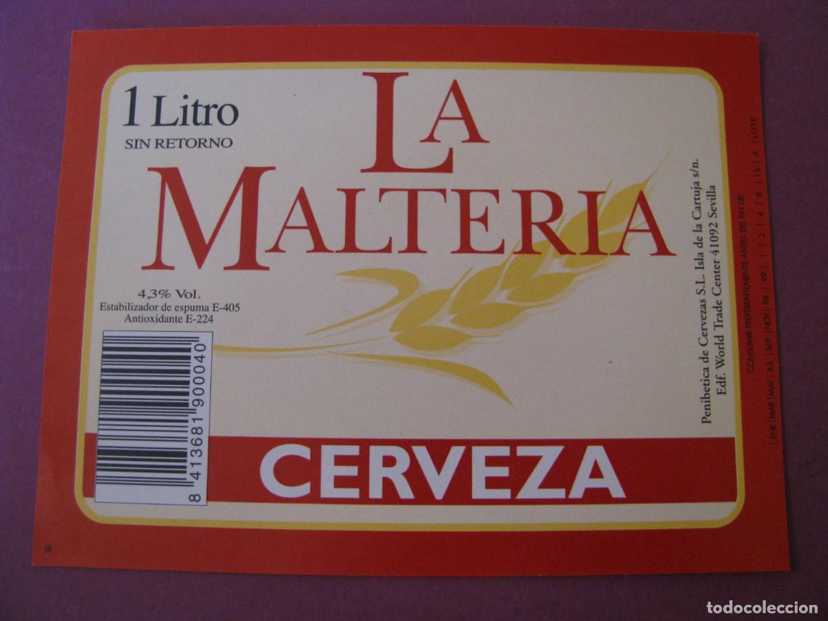 Etiquetas antiguas: ETIQUETA DE CERVEZA LA MALTERIA 1 LITRO. PENIBETICA DE CERVEZAS S. L. SEVILLA
