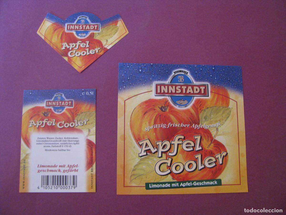 Etichette antiche: ETIQUETA, COLLARIN Y CONTRAETIQUETA DE MARCA INNSTADT, ALEMANIA. APFEL COOLER. BEBIDA DE MANZANA.