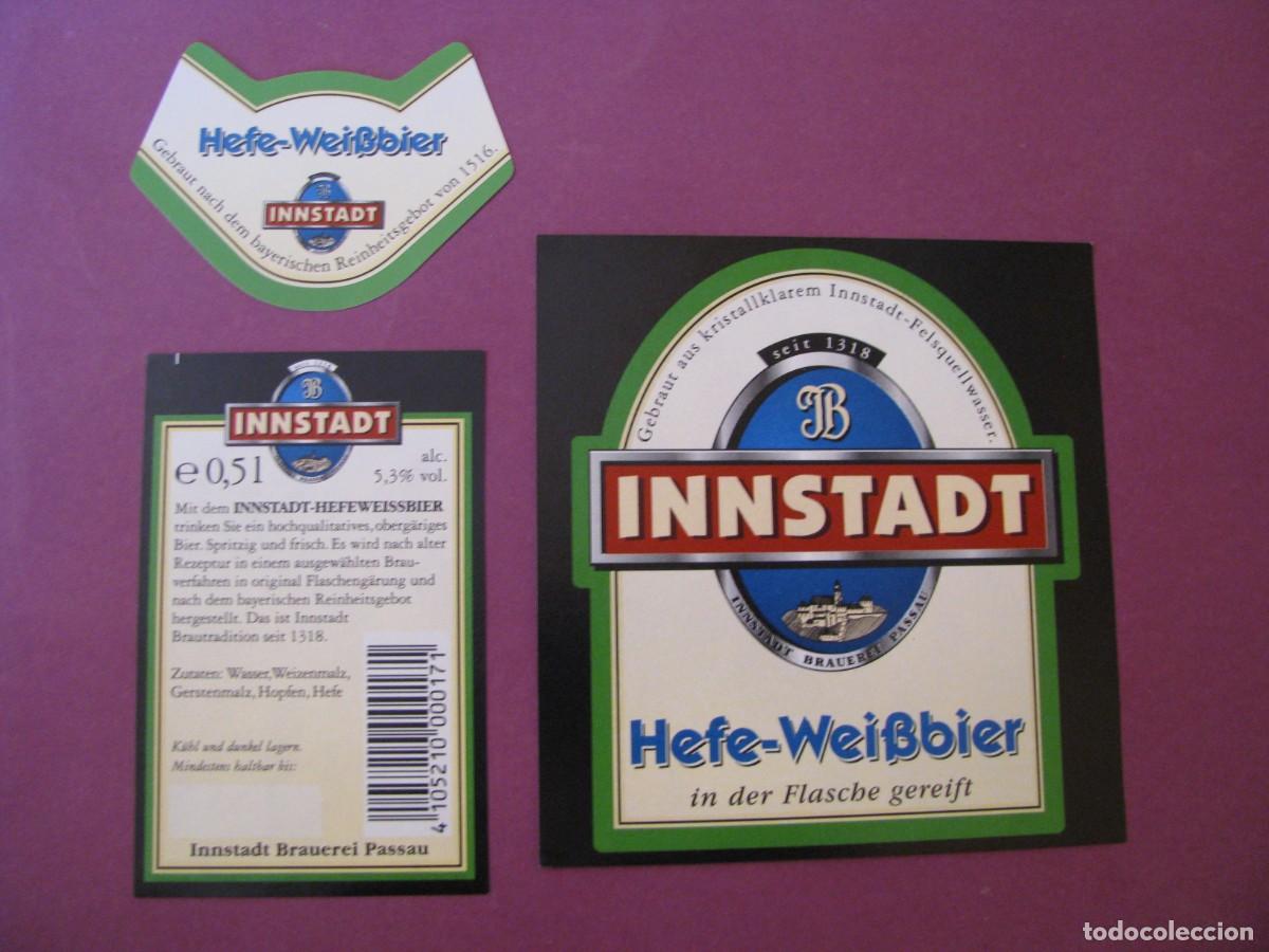 &Eacute;tiquettes anciennes: ETIQUETA, COLLARIN Y CONTRAETIQUETA DE MARCA INNSTADT, ALEMANIA. CERVEZA HEFE-WEISSBIER