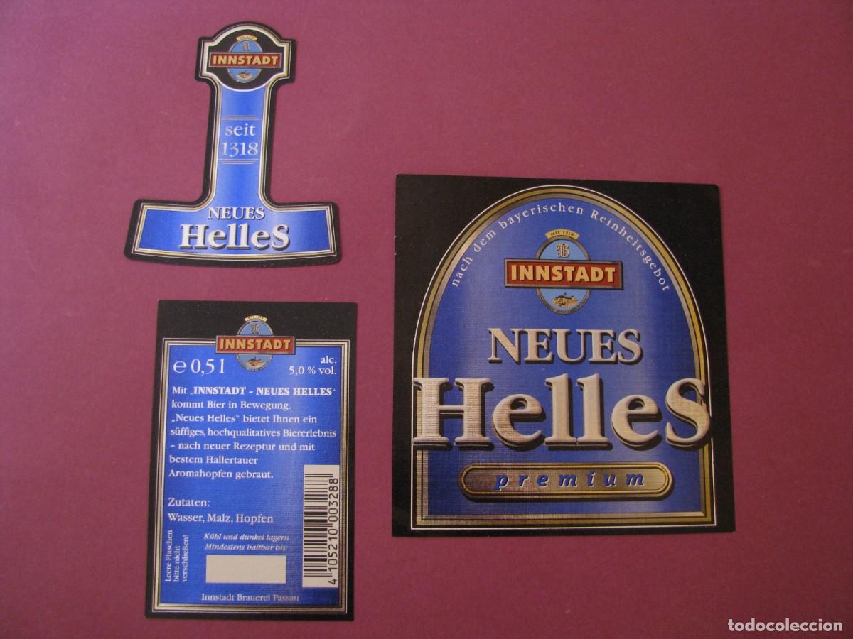 &Eacute;tiquettes anciennes: ETIQUETA, COLLARIN Y CONTRAETIQUETA DE MARCA INNSTADT, ALEMANIA. CERVEZA NEUES HELLES