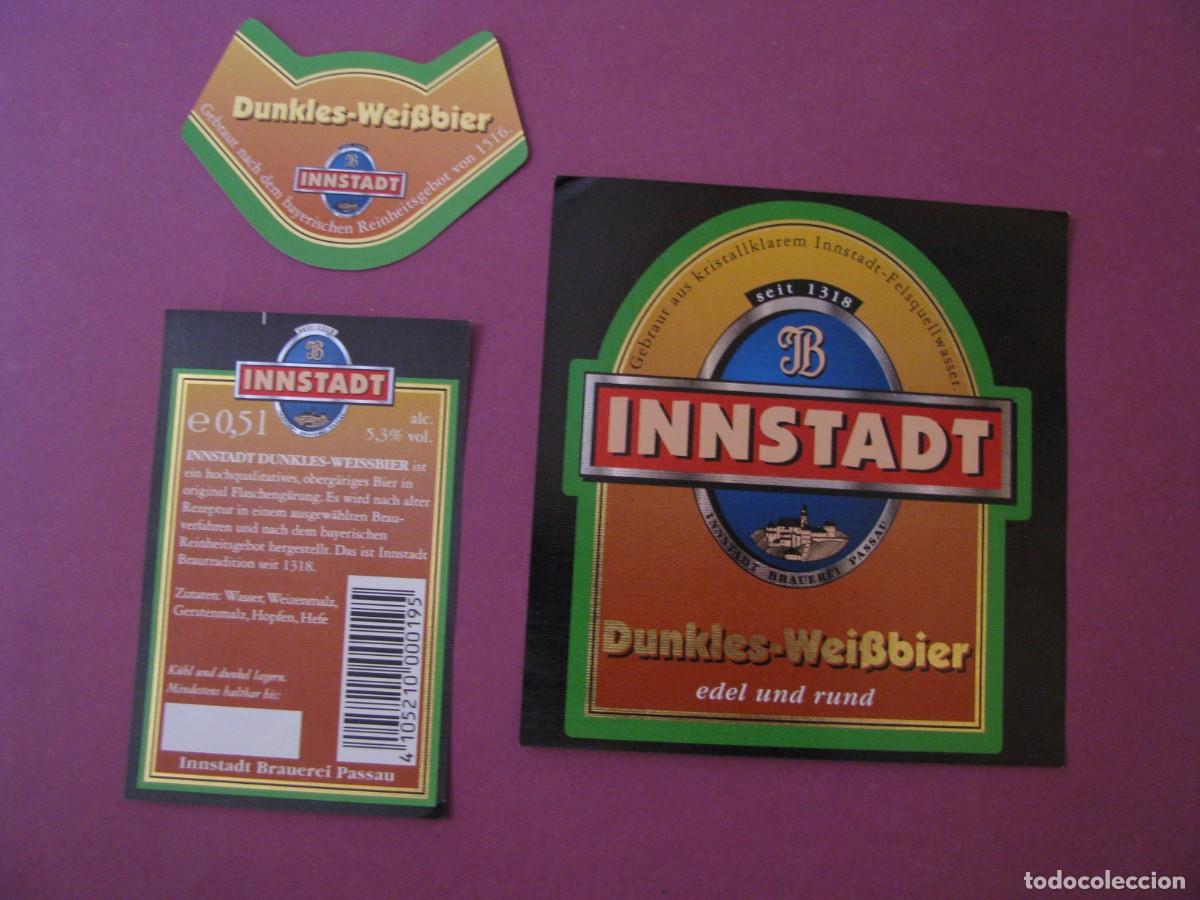 Etiquetas antiguas: ETIQUETA, COLLARIN Y CONTRAETIQUETA DE MARCA INNSTADT, ALEMANIA. CERVEZA DUNKLES-WEISSBIER