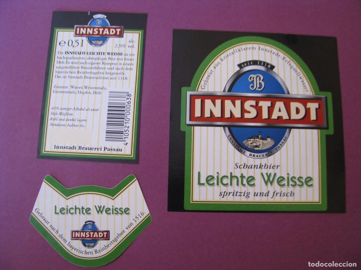 Etiquetas antiguas: ETIQUETA, COLLARIN Y CONTRAETIQUETA DE MARCA INNSTADT, ALEMANIA. CERVEZA LEICHTE WEISSE