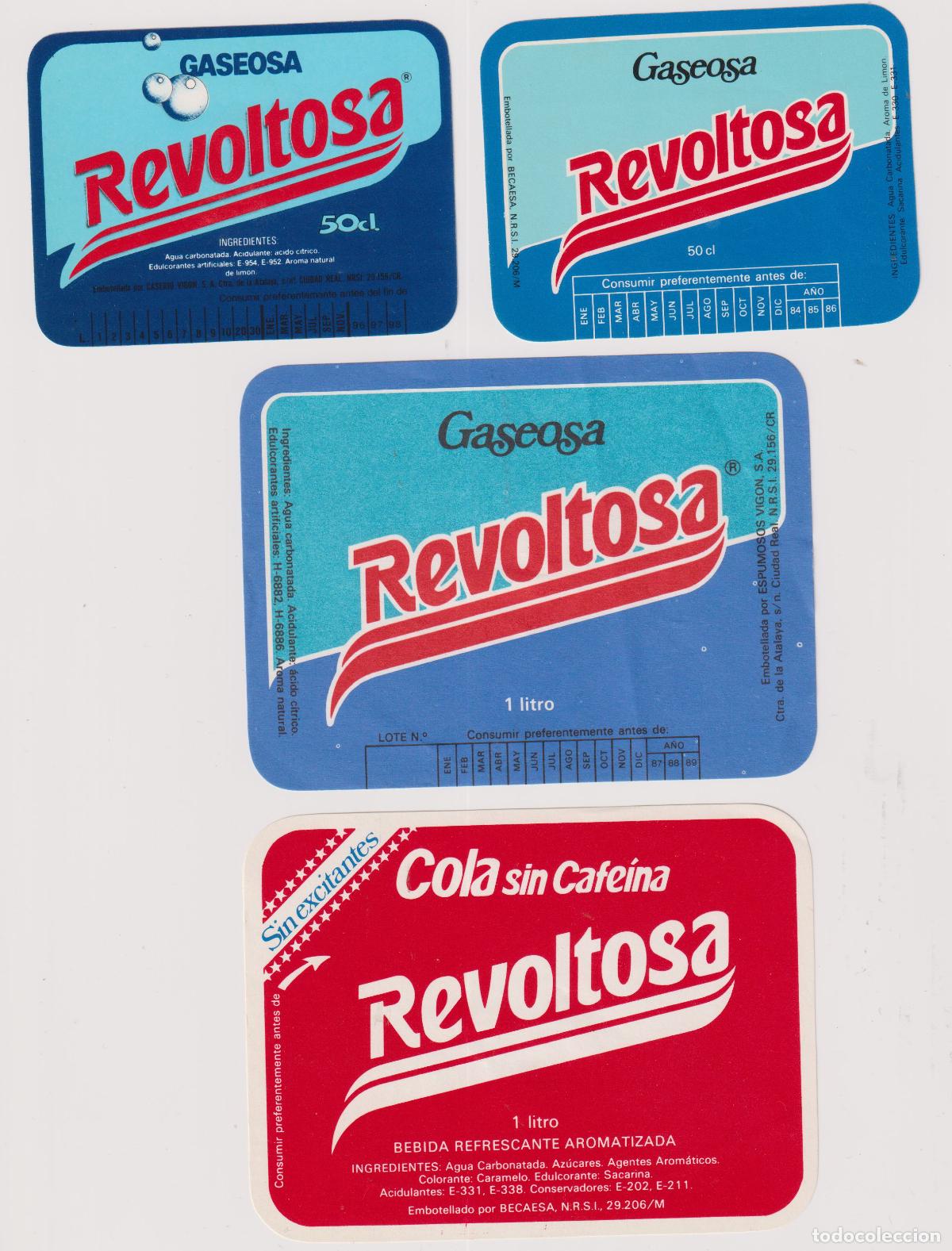 Etichette antiche: 4 ETIQUETAS GASEOSA REVOLTOSA - COLA SIN CAFEINA