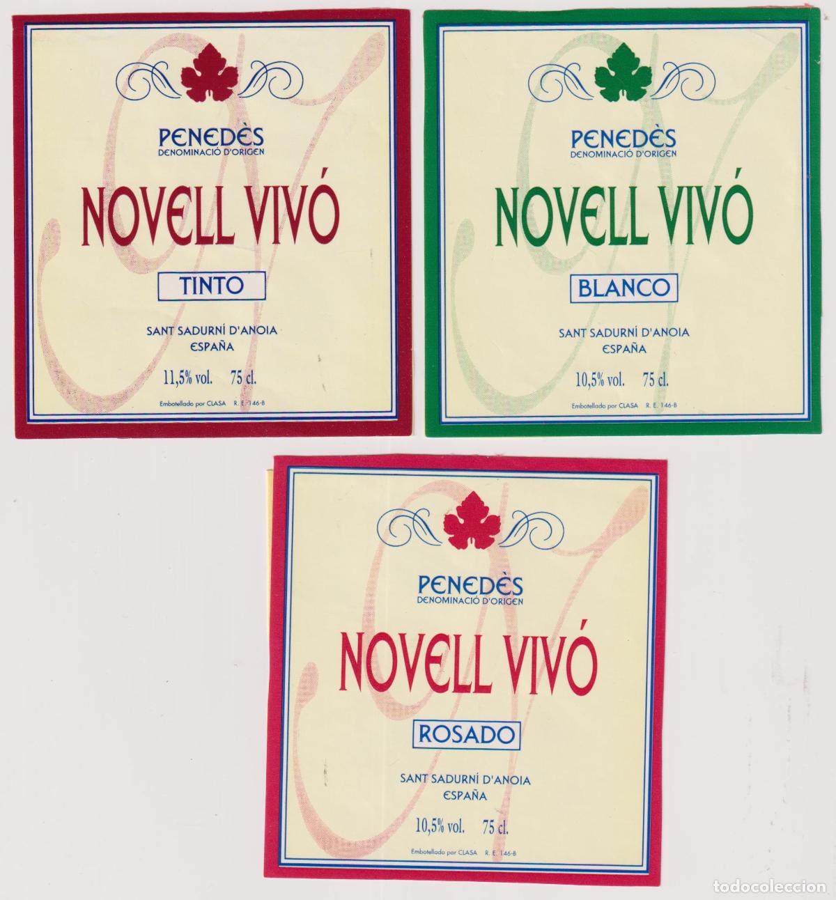 Etichette antiche: 3 ETIQUETAS DE VINO NOVELL VIV&Oacute; - PENEDES DENOMINACI&Oacute; D'ORIGEN - BLANCO, ROSADO, TINTO