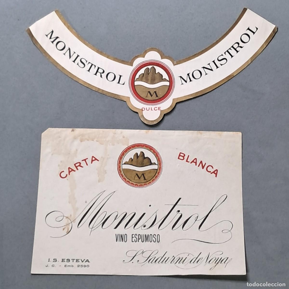 Etiquetas antigas: Antigua etiqueta de vino espumoso Monistrol Carta Blanca, San Sadurn&iacute; de Noya, a&ntilde;os 60