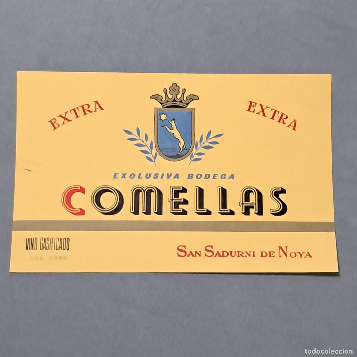 Alte Etiketten: Antigua etiqueta de vino espumoso extra COMELLAS exclusiva bodega, San Sadurn&iacute; de Noya, a&ntilde;o 1963
