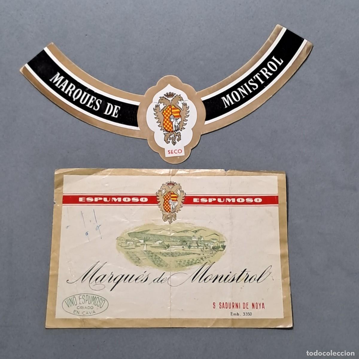 Etiquetas antiguas: Antigua etiqueta de vino espumoso Marqu&eacute;s de Monistrol seco, San Sadurn&iacute; de Noya, a&ntilde;o 1963