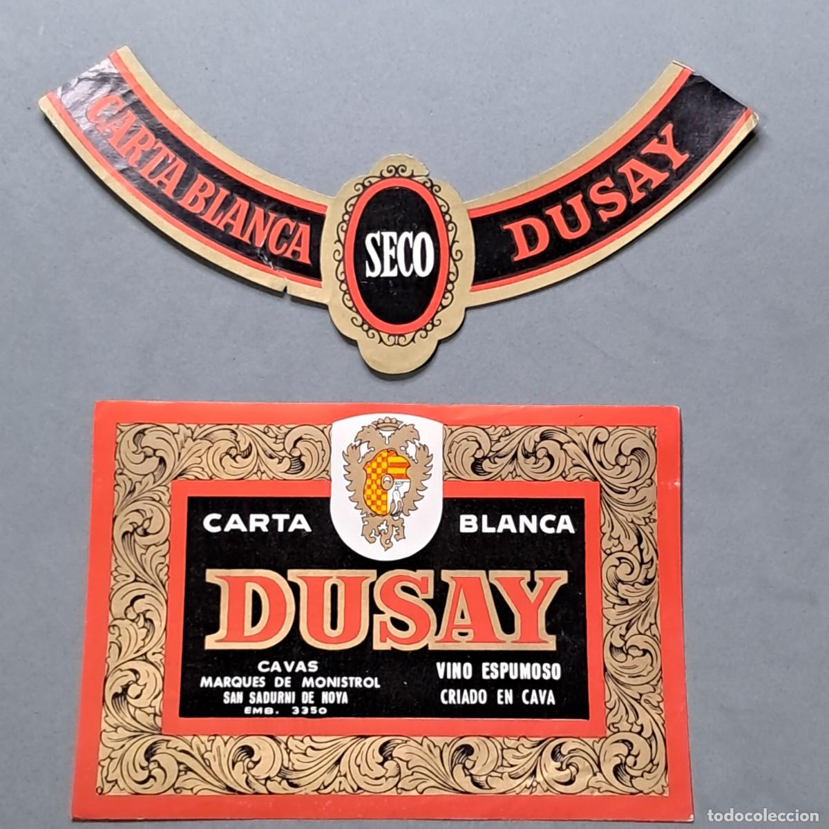 Etiquetas antiguas: Antigua etiqueta de vino espumoso DUSAY de cavas Marqu&eacute;s de Monistrol, San Sadurn&iacute; de Noya, a&ntilde;o 1965
