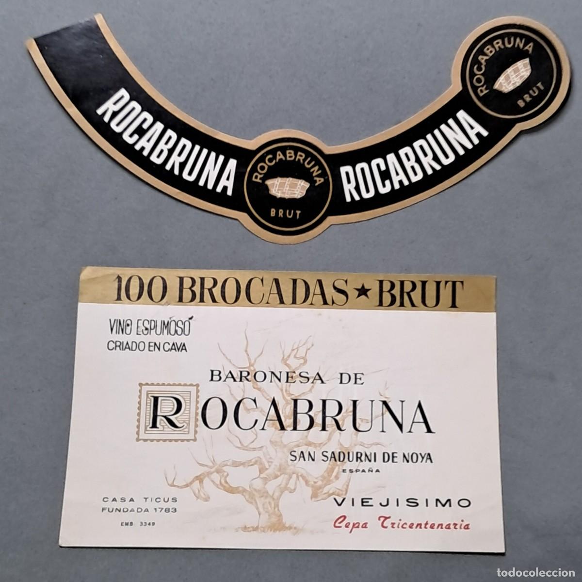 Etiquetas antigas: Antigua etiqueta de vino espumoso Baronesa de Rocabruna 100 brocadas, San Sadurn&iacute; de Noya, a&ntilde;o 1963
